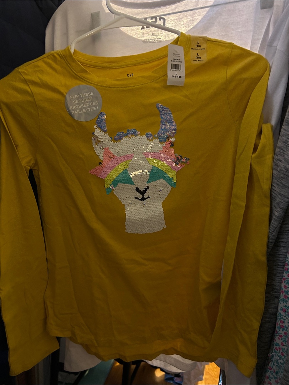 GAP Kids Mustard Long-Sleeve Sequin Llama Tee